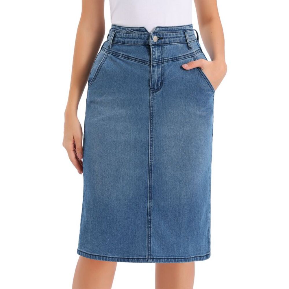 Women Stretchy Below Knee Length Jean Skirt Denim Skirt Blue